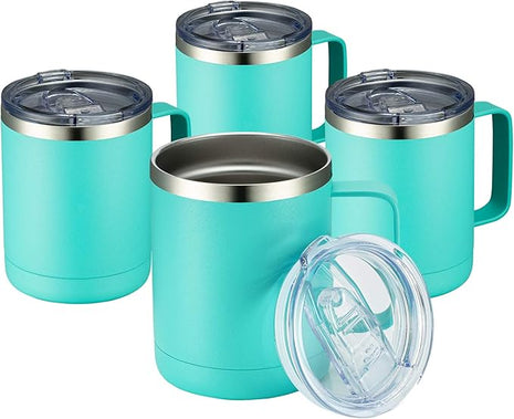 MEWAY 12oz Coffee Mug With Handle 4 Pack Bulk,Stainless Steel Insulated Travel Tumblers With Sliding Lid,Double Wall Vacuum Camping Cup for Hot & Cold Drinks Tea (Light Green,Set of 4)