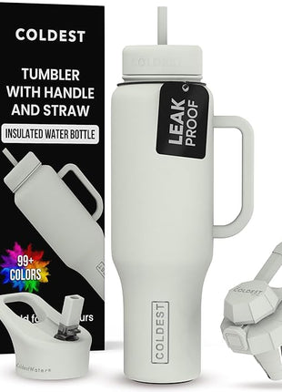 Coldest Tumbler with Handle and Straw - 100% Leak Proof Insulated Tumbler with Lid and Straw (3 Lids) - Stainless Steel Tumblers for Women & Men - Cup Holder Friendly Base, 46 oz (Margarita)