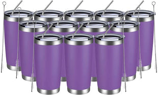 MEWAY 20oz Tumbler 12 Pack Double Wall Vacuum Insulated Travel Mug Bulk, Stainless Steel Tumblers with Lid and Straw, Durable Powder Coated Coffee Cups for Cold & Hot Drinks (Purple, 12)