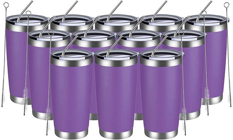 MEWAY 20oz Tumbler 12 Pack Double Wall Vacuum Insulated Travel Mug Bulk, Stainless Steel Tumblers with Lid and Straw, Durable Powder Coated Coffee Cups for Cold & Hot Drinks (Purple, 12)