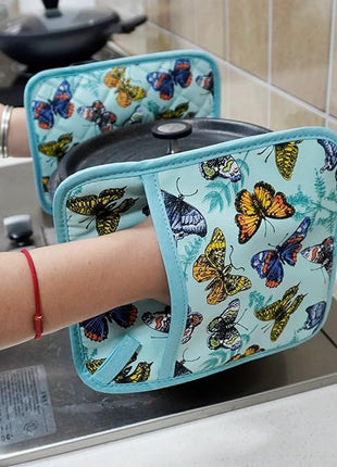 Pot Holders Set of 2 Heat Resistant 480℉ Kitchen 100% Cotton Comfortable Lining Printing Butterfly Flower Women Men Home Cooking Baking Microwave BBQ Gift (Butterfly potholders)