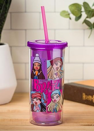 Silver Buffalo Bratz Grid Featuring Cloe, Yasmin, Jade, and Sasha Plastic Tall Cold Cup with Lid and Straw, 20 Ounces