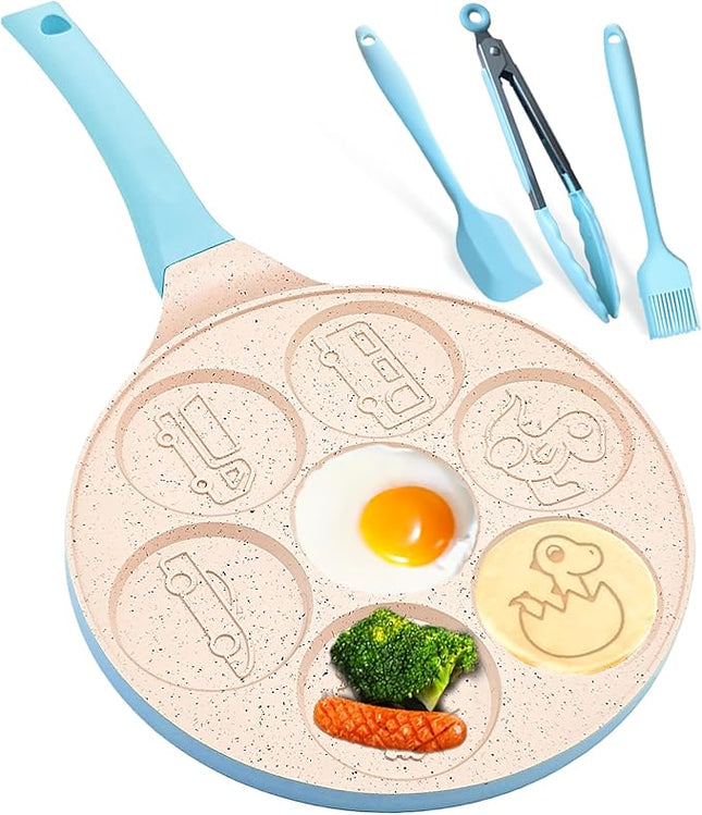 Dinosaur 7-Cup Egg Pan Omelet Pans Pancake Pan for Kids Nonstick Egg Cooker Cars Trucks Pancake Mold Egg Mold for Breakfast Sandwiches Hamburger