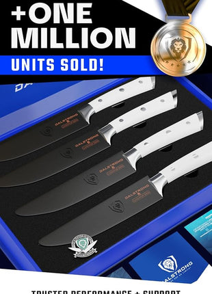 Dalstrong Steak Knife Set-4-5 Straight Blade Edge-Gladiator Series-Forged German High-Carbon Steel-w/Sheaths-Glacial White ABS Handle-Dinner Set Kitchen Knives