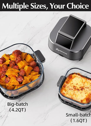4-in-1 Portable Glass Air Fryer, 140–400°F Precise Heat, Max Crisp Technology, 4.2QT & 1.6QT Dual Containers with Lids, Freezer & Dishwasher Safe, Bake, Recrisp, Air Fry