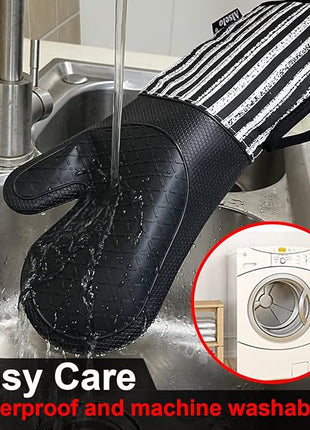 Silicone Oven Mitts Heat Resistant 932℉ with Waterproof & Non-Slip Kitchen Mittens, Set of 2 Extra Long Oven Gloves with Soft Cotton Terry Lining for Baking Cooking Barbecue (2, Black Mitts)