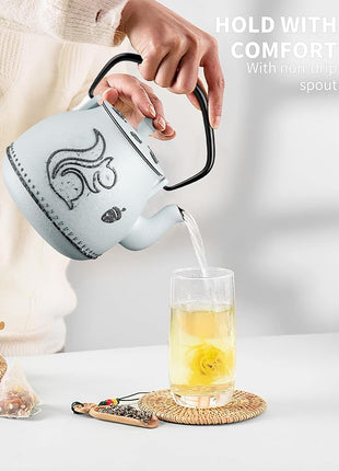 Toptier Teapot with Removable Infuser, Cast Iron Tea Kettle Stovetop Safe, Squirrel Design Tea Pot Coated with Enameled Interior for 32 Ounce (950 ml), Light Blue