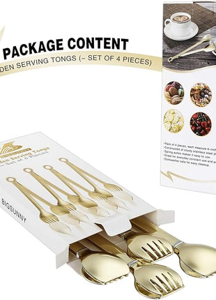 MSY BIGSUNNY Mini Appetizer Tongs Stainless Steel Set of 4, Metal Small Serving Tongs, 6 Inch(15.2cm, Golden)