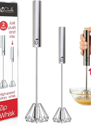 Stainless Steel Egg Whisk - Easy to Use Semi-Automatic Push-Down Zip Whisker - Rotary Hand Mixer for Beating Eggs, Frothing Milk, Blending, Mixing, Whipping Smoothies & Shakes - 2 Pack (12 &14 Inch)
