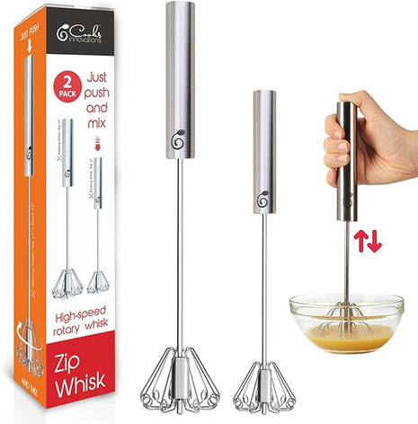 Stainless Steel Egg Whisk - Easy to Use Semi-Automatic Push-Down Zip Whisker - Rotary Hand Mixer for Beating Eggs, Frothing Milk, Blending, Mixing, Whipping Smoothies & Shakes - 2 Pack (12 &14 Inch)