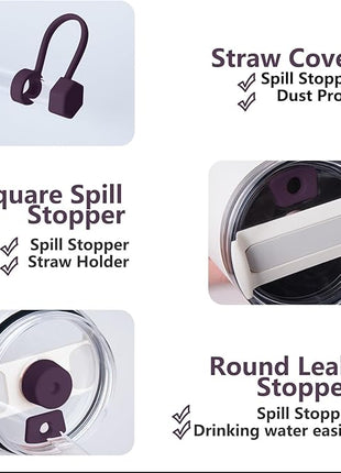 Silicone Spill Stopper Set Compatible with Stanley Cup 2.0 30oz & 40oz with Straw Cover (Set of 2, Plum)