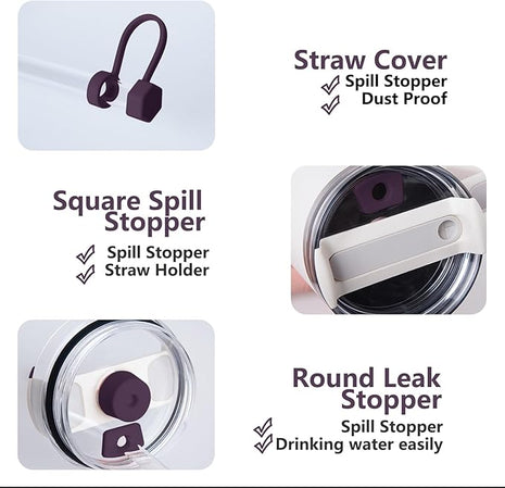 Silicone Spill Stopper Set Compatible with Stanley Cup 2.0 30oz & 40oz with Straw Cover (Set of 2, Plum)
