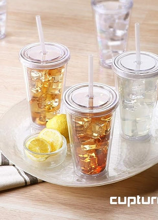 Cupture Classic 12 Insulated Double Wall Tumbler Cup with Lid, Reusable Straw & Hello Name Tags - 16 oz, Bulk Pack (Clear)