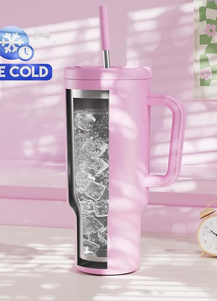 Meoky 40 oz Tumbler with Handle and Straw: Stainless Steel Insulated Tumbler with Lid and Straw - 100% Leak Proof Tumbler for Car Cup Holders - Travelers Commuters Workers, Pink