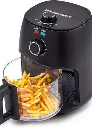 Elite Gourmet EAF2305 Glass Air Fryer, 2.4Qt Capacity, PFAS Free Ceramic Coated Ceralast™ Air Fry Rack, Adjustable Temperature 175°F to 400°F, 30-Minute Timer, 1150-Watts, 15 Recipes, Black