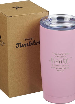 Christian Art Gifts Stainless Steel Double-Wall Vacuum Insulated Travel Mug 18 oz Pink Tumbler with Lid for Women Inspirational Bible Verse - Trust in the Lord - Proverbs 3:5
