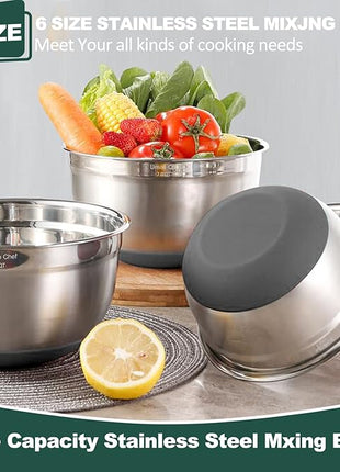 Umite Chef Mixing Bowls with Airtight Lids，6 piece Stainless Steel Metal Nesting Storage Bowls, Non-Slip Bottoms Size 7, 3.5, 2.5, 2.0,1.5, 1QT, Great for Mixing & Serving(Grey)