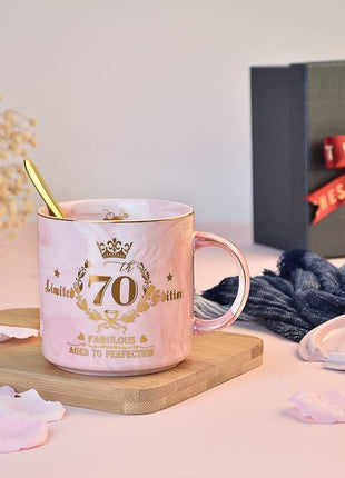 70th Birthday Gifts for Women - Aged to Perfection Coffee Mug - Unique Birthday Present for Grandma Mum Wife Girl Friend Sister - Pink Marble Mug for Coffee Lovers 14Oz Tea Cup Gift Boxed
