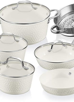 Gotham Steel Hammered 15 Pc Ceramic Cookware Set Nonstick, Deep Pots and Pans Set Non Stick with Induction Cookware, Cooking Utensils & Steamer, Non Toxic PFOA PFOS Free, Oven & Dishwasher Safe
