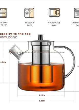 1500ml(50oz) Glass Teapot with Removable Infuser, Ehugos Stovetop Safe Large Tea Pot, Blooming and Loose Leaf Hand Crafted Kettle for Women and Adult with Stainless Infuser