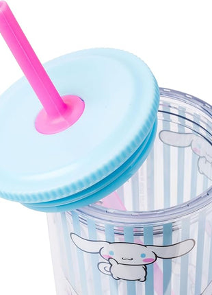 Silver Buffalo Sanrio Hello Kitty and Friends Cinnamoroll Hearts and Blue Stripes Plastic Cold Cup with Lid and Straw, 20 Ounces