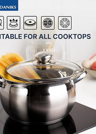 Daniks Classic 11-Piece Stainless Steel Cookware Set with Saucepan and Frying Pan, Glass Lids, Induction Compatible, Dishwasher Safe, Silver