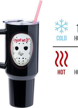 Silver Buffalo Friday The 13th Stainless Steel Tumbler with Handle Featuring Jason Voorhees’s Mask, Fits in Standard Cup Holder, 40 Ounces