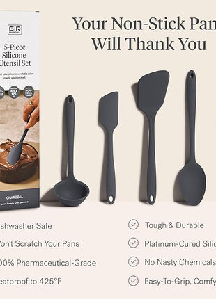 GIR: Get It Right 5 Piece Silicone Essentials Kitchen Utensils Set - Ladle, Spatula, Flip, Spoon & Spoonula - Non-Toxic Cooking Utensils for Nonstick Cookware, Cooking and Baking - Charcoal