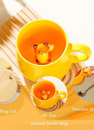 BigNoseDeer Kawaii Fox Mug Cute Mugs with 3D Fox Inside Ceramic Coffee Mug with Lid and Spoon Cute Stuff Birthday Gifts Cute Gifts For Women 13.5oz