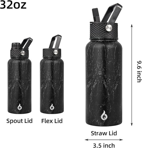 BJPKPK Insulated Water Bottles with Straw Lid, 32oz Metal Large Water Bottle with 3 Lids, Reusable Leak Proof BPA Free Thermo, Stainless Steel Tumblers for Sports, Gym, Travel-Midnight