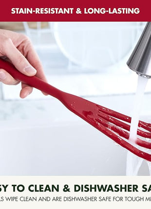 GreenPan Silicone Fish Turner Spatula, Slotted Cooking Kitchen Utensil, Flexible Rubber Nonstick Cookware, Rigid Steel Core, Heat-Resistant, Anti-Slip Handle, BPA-Free, Dishwasher Safe, Red