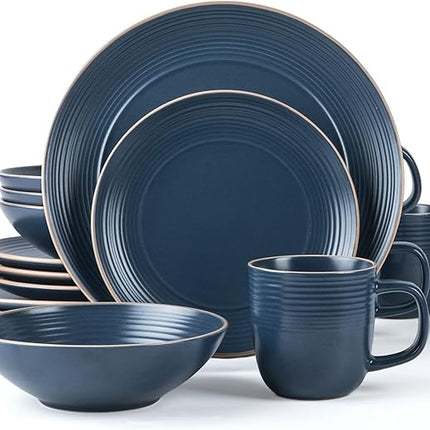 RINGAR Round Stoneware 16pc Dinnerware Set of 4, Dinner Plates, Side Plates, Cereal Bowls, Mugs - Speckle Matte Blue (428051)