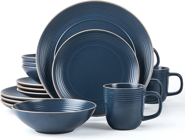 RINGAR Round Stoneware 16pc Dinnerware Set of 4, Dinner Plates, Side Plates, Cereal Bowls, Mugs - Speckle Matte Blue (428051)
