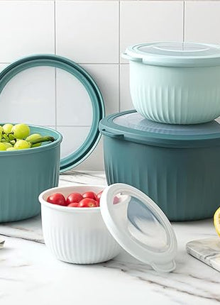 COOK WITH COLOR 4pc Plastic Mixing Bowl Set with Lids (Teal Ombre, 210 ml, 550 ml, 1150 ml, 3500 ml) - Sturdy, Nesting, BPA Free, Dishwasher Safe, Food Safe, Bowls for Cooking and Baking