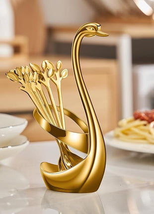 AnSaw Gold Small Coffee Spoon Holder Set,Swan Base With 10 Pcs Demitasse Espresso Spoons Set,4.7" Mini Leaf Dessert Spoon,Stainless Steel Tea Spoons