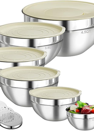 Mixing Bowls with Lids Set, 6 PCS Stainless Steel Mixing Bowls with 3 Grater Attachments, Kitchen Food Storage Organizers Nesting Mixing Bowl, Large Size 4.5, 3.5, 2.1, 1.5, 1.1, 0.7QT