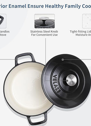 Velaze 6 QT Enameled Cast Iron Dutch Oven, Dual Handles Dutch Oven Pot with Lid,Heavy-Duty Non-stick Round Dutch Oven for Bread Baking, Stewing, Roasting, Good Sealing for All Heat Source (BLACK)