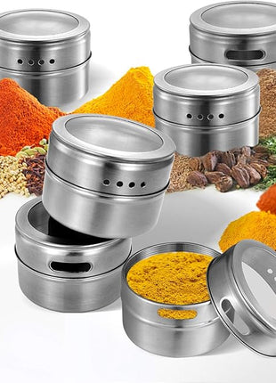 Beeyoka Magnetic Spice Jars,12 Pcs Stainless Steel Spice Tins with Lid and Small Holes for Sprinkle Rust Free Easy to Clean Includes 94 Labeling Stickers