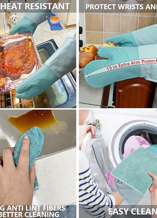 Professional Microwave Silicone Oven Mitts one Pair, Kitchen Mitten Set for Heat Resistant with 500 Degrees, Kitchen Gloves Pot Holder for BBQ Cooking Baking (Light Blue)