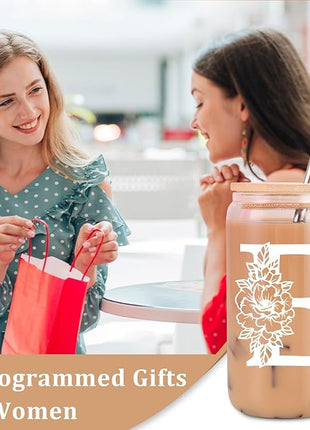 Coolife Initial Glass Cup, Monogrammed Gifts for Women, 16 oz Glass Cups w/Lids Straws, Iced Coffee Smoothie Beer Tumbler w/Straw Lid - Personalized Christmas, Birthday Gifts for Her Mom Friend Woman