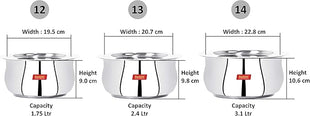 Sumeet 3 Pcs Stainless Steel Induction & Gas Stove Friendly Belly Shape Container Set/Tope/Cookware Set With Lids Size No.12 to No.14