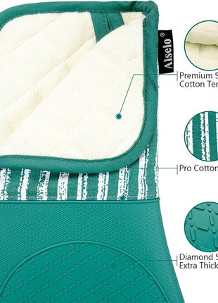Silicone Oven Mitts Heat Resistant 932℉ with Waterproof & Non-Slip Kitchen Mittens, Set of 2 Extra Long Oven Gloves with Soft Cotton Terry Lining for Baking Cooking Barbecue (Emerald Green, 2)
