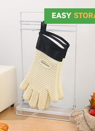 GEEKHOM BBQ Gloves Heat Resistant Oven Mitts - Silicone Grilling Gloves with 13.7" Arm Protection - Waterproof Pot Holder Non-Slip for Men & Women, Kitchen Outdoor Cooking, Baking, Camping, Mint Beige