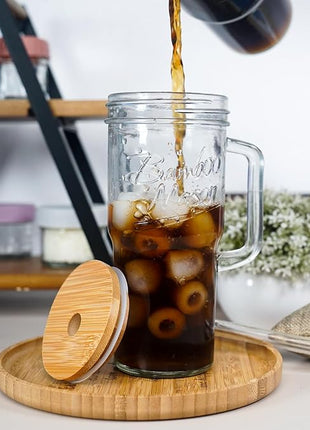 ANOTION Glass Cups with Lids and Straws - 24 oz Tumbler with Handle Christmas Coffee Cups Glass Straws Mason Jar Cups Drinking Set Kitchen Essentials Coffee Bar House Warming Gifts New Home