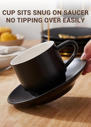 Lareina 8 Ounce Porcelain Cappuccino Cups Set of 4, Stackable Coffee Cups with Saucers, Spoons and Metal Stand -for Specialty Coffee Drinks, Cappuccino, Latte, Americano and Tea, Black