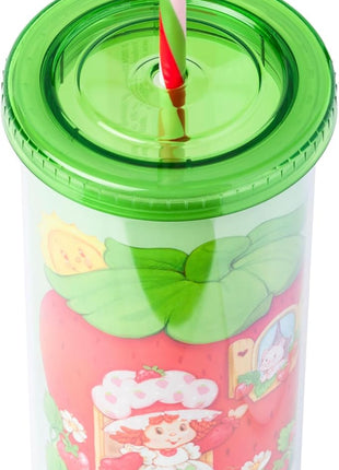Silver Buffalo Strawberry Shortcake Strawberry House Plastic Tall Cold Cup with Lid and Straw, 20 Ounces