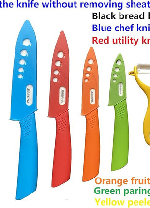 Ceramic Knife Set Knives Set for Kitchen Ceramic Kitchen Knives Colored w Sheath 6" Bread Knife 6" Chef Knife 5" Utility Knife 4" Fruit Knife 3" Paring Knife 1 Peeler Colorful Rust Free Proof