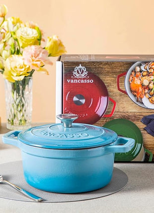 vancasso Enameled Cast Iron Dutch Oven, 2.5 QT Blue Naturally Non-Stick Casserole Dish Cookware, with Stainless Steel Knob Lid Cast Iron Casserole for Steam Braise Bake Broil Saute Simmer Roast
