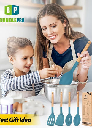 Pack of 4 Silicone Cooking Utensils Set, Non Stick Solid Spatulas and Heat Resistant Slotted Spoons with Wooden Handle, Ideal Wood Kitchen Utensils Set for Frying,Serving,Turning,Stirring (BLUE)