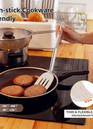 E-far Silicone Spatula Set of 2, Solid & Slotted Turner for Nonstick Cookware, Heat Resistant Rubber Kitchen Cooking Utensils for Flipping Fish Pancake Egg - Khaki